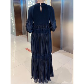 [Polyester|Elegant] Polyester Elegant Pleated Tunic Dress | Crew Neck, High Stretch, Long Length, No Belt, All Seasons | Trapeze Hem, Pleated Silhouette, No Padding, Going Out Occasion, A Fit Type, Woven Weaving Method, Polyester Lining, 100 g/m² Lining Weight, 100 g/m² Fabric Weight, Lantern Sleeves, Solid Color