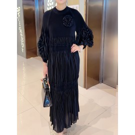[Polyester|Elegant] Polyester Elegant Pleated Tunic Dress | Crew Neck, High Stretch, Long Length, No Belt, All Seasons | Trapeze Hem, Pleated Silhouette, No Padding, Going Out Occasion, A Fit Type, Woven Weaving Method, Polyester Lining, 100 g/m² Lining Weight, 100 g/m² Fabric Weight, Lantern Sleeves, Solid Color