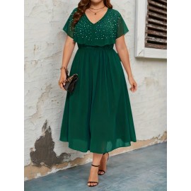 [Business Events Party Attire] Elegant Green Plus Size Women's Maxi Dress - Formal/Party/Office, Flared Hem, V-Neck, Shimmer, Stylish Formalwear