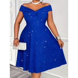 Plus Size - Plus Size, Women'S Plus Size Sexy Twist Off-Shoulder Sparkling A-Line Dress, Suitable for Parties, Cocktail Events, Christmas, Valentine'S Day, Formal Wear, Party Wear