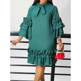 [New Arrival Plus Size Dress] Spring/Summer New Arrival - Elegant Plus Size Casual Chic Dress with Ruffled Bell Sleeves, Bow Detail, Stand Collar | Solid Color, Non-Stretch Fabric