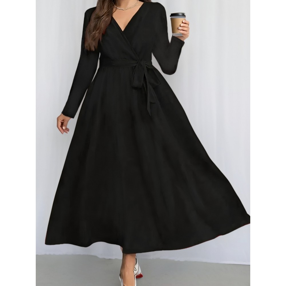 Plus Size, 's Elegant V-Neck Short-to-Medium Length (knee/ankle) A-Line Dress - Wrinkle-Free & Tie Waist, Short Sleeve-like-like Collar-like -like Design (No Bulk), All-Season Wear for Weddings, Parties, or Semi