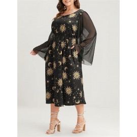 Women's Halloween Flowy Dress Elegant Long Sleeve Scoop Neck Sun Moon Print Pocket Dress Midi Dress