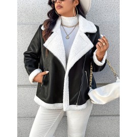 Plus Size Women's Full-Zip Motorcycle Jacket with Horseback Riding Zipper, Biker Coat, Warm Winter Outerwear, White & Collar - Casual & Motorcycle Riding (Curvy Female)