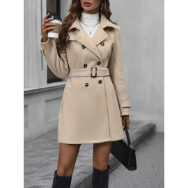 Women's Plus Size Beige Coat - Elegant Long Formal & Everyday Outerwear, Belted Button Front Closure, Machine Washable Fall/Winter Jacket for Professional & Casual Outfits