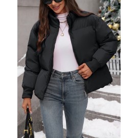 Women's Plus Size Winter Elegant Outerwear Coat - Full-Length Zipper Front Closure, Stand Collar H-Line Silhouette, Machine Washable Solid Color Jacket for Cold Weather, Casual & Dressy Occasions