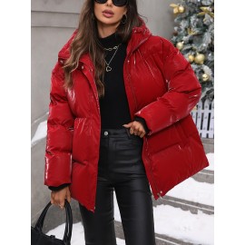 Women's Winter Hooded Jacket - Non-Stretch Outer Coat, Full-Length Zipper Front Closure, Machine Washable Cold Weather Outerwear for Everyday & Formal Events - Women's Outerwear, Ladies Winter Coats, Sleek Fabric Design, Classic Coat, Durable Material, Professional Women