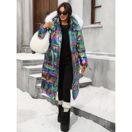 Plus Size - Plus Size, Women'S Plus Size Winter Jacket - Elegant Hooded Coat with Full-Zip Closure, Non-Stretch Fabric, Long Sleeve Cold Weather Outerwear, Plus Size Friendly (no Belt Needed) - Elegant Outerwear For Everyday & Formal Eve