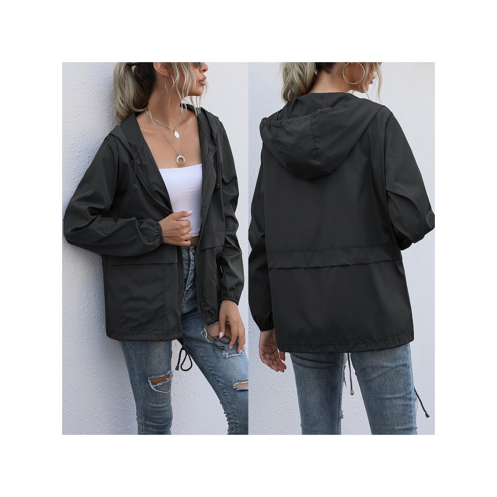 Women's Water-Resistant Hooded Jacket - Solid Color, Zip-Up with Drawstring Detail, Casual Polyester Coat for Spring/Fall, Machine Washable - Sizes L to XXL