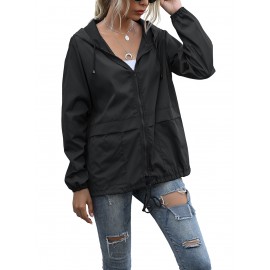 Women's Water-Resistant Hooded Jacket - Solid Color, Zip-Up with Drawstring Detail, Casual Polyester Coat for Spring/Fall, Machine Washable - Sizes L to XXL