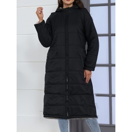 Women'S Plus Size Hooded Winter Coat, Solid Color Polyester 100% Long Sleeve Thick Warm Windproof Casual Street Style Jacket with Pockets, Non-Stretch Woven Fabric, for Autumn and Winter