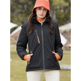 1pc Women'S Windproof Water-Resistant Breathable Casual Outdoor Sports Jacket, 100% Polyester Hooded Thickened Climbing Coat, Long Sleeve Winter Sports Apparel with Zipper and Alphabet Pattern