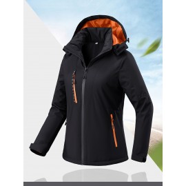 1pc Women'S Windproof Water-Resistant Breathable Casual Outdoor Sports Jacket, 100% Polyester Hooded Thickened Climbing Coat, Long Sleeve Winter Sports Apparel with Zipper and Alphabet Pattern
