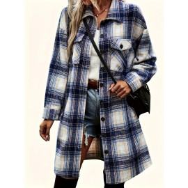 Women's Plus Size Plaid Button-Up Shirt Style Trench Coat, Casual Long Sleeve Open-front Overcoat with Pockets, Vintage-Inspired Polyester Woven All-Season Jacket