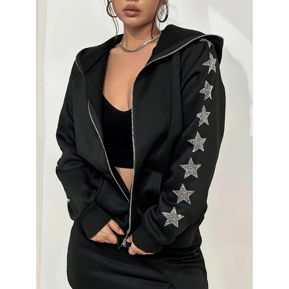 Plus Size - Women'S Plus Size Black Hooded Zip-Up Jacket with Sparkling Star Embellishments - Elegant Winter Outerwear, Long Sleeve, Front Pockets, Casual Style, Winter Jacket | Sparkling Embellishments | Zippered Hoodie