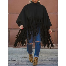 Plus Size, Plus Size Women's Batwing Sleeve Turtleneck Top with Fringe Hem - Loose Fit Casual Chic Long Sleeve Shirt, Solid Color Machine Washable Fall Winter Clothing for Women, Elegant Overlay, Highneck Shirt, Easycare Fabric, Spring Outfit, Durable Shirt, Curvy Fashion