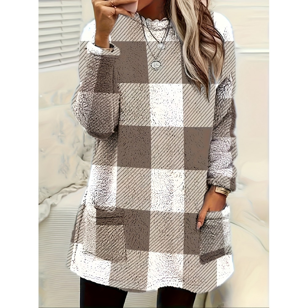 Plus Size - Women'S Plus Size Plaid Sweater - Cozy Fleece-Lined Long Sleeve Round Neck Top with Pockets, Casual Fall/Winter Wear