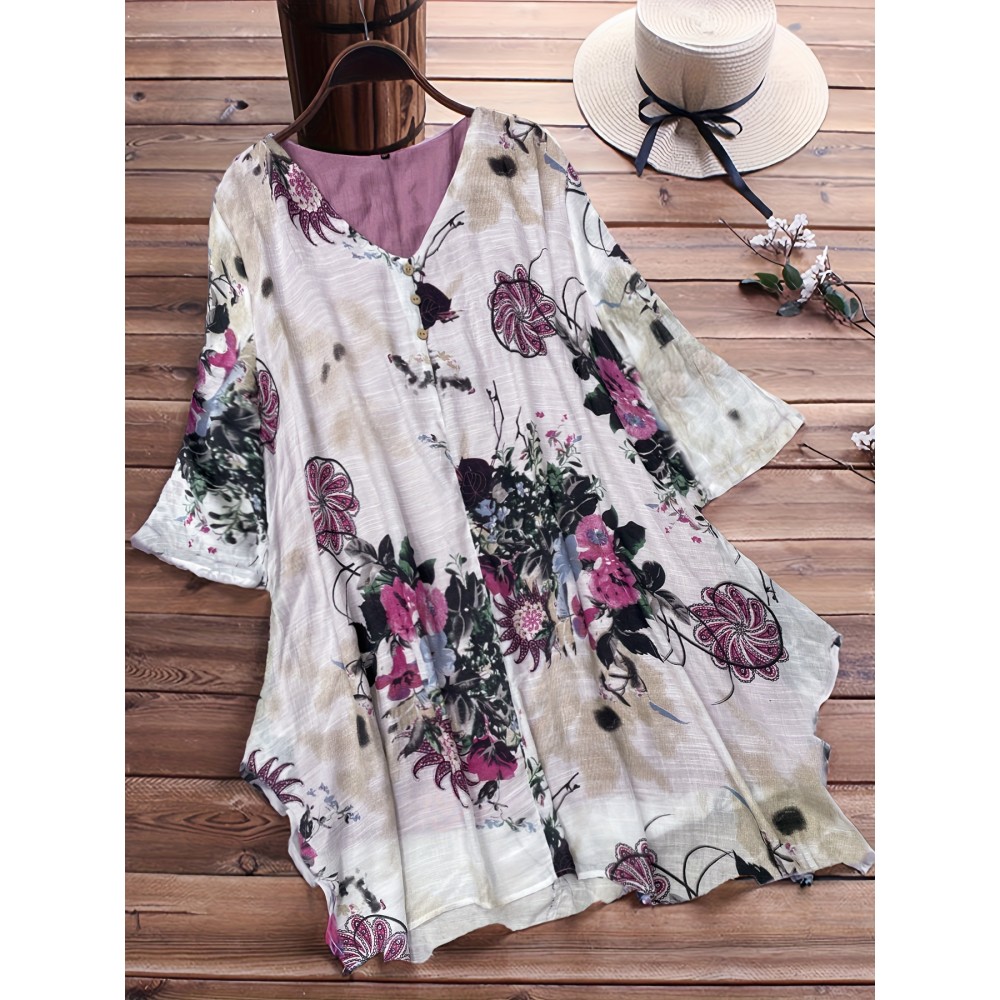 Plus Size - Plus Size, Women'S Plus Size V-Neck Floral Print Blouse - Casual Loose Fit, Asymmetrical Hem, Lightweight Non-Stretch Fabric, Spring Fashion Top with Butterfly & Floral Design, Ladies Blouses, Vneck Blouse, Printed Blouse, Gentle Loungewear, Soft Texture, Worn with Office Lounge, Ideal Women Gift, Top Tees, Work Wardrobe, Made from Solid Machine Washable High Soft Fabric Casually Sweptforward Design