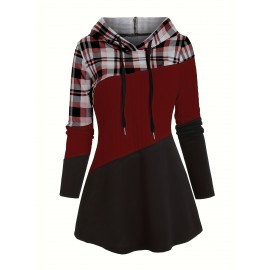 Plus Size - Plus Size Women'S Plaid Hooded Sweater - Long Sleeve Pullover with Drawstring Hood, Casual Fall/Winter Top, Pink & Checkered Pattern, Cozy Clothing | Relaxed Fit Sweater | Construction