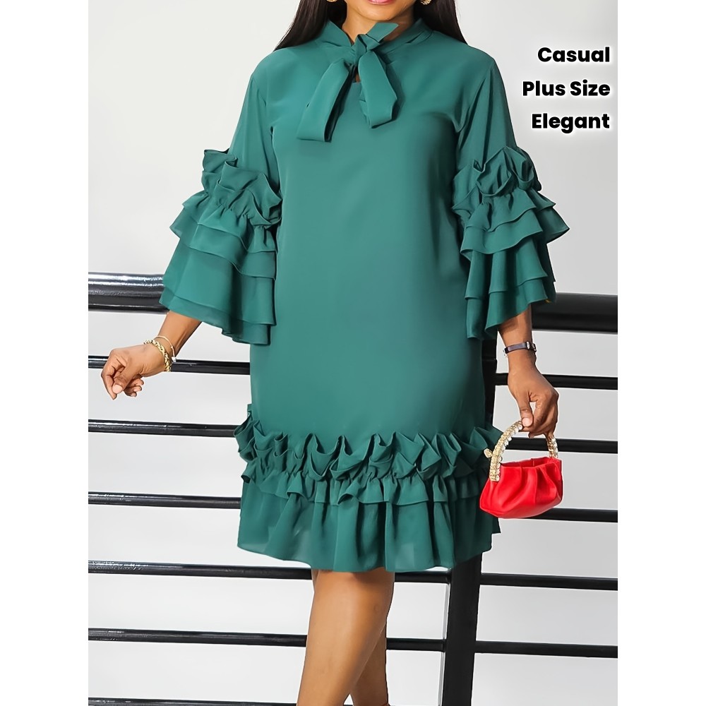 [New Arrival Plus Size Dress] Spring/Summer New Arrival - Elegant Plus Size Casual Chic Dress with Ruffled Bell Sleeves, Bow Detail, Stand Collar | Solid Color, Non-Stretch Fabric